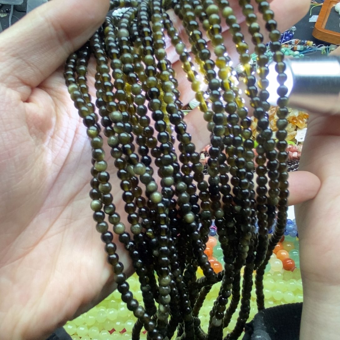 玛瑙/玉髓未镶嵌珠宝半成品一条纯天然4mm透体金曜石圆珠