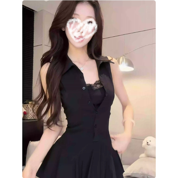 纯欲风polo领无袖连衣裙女夏季新款设计感收腰显瘦短裙子1230