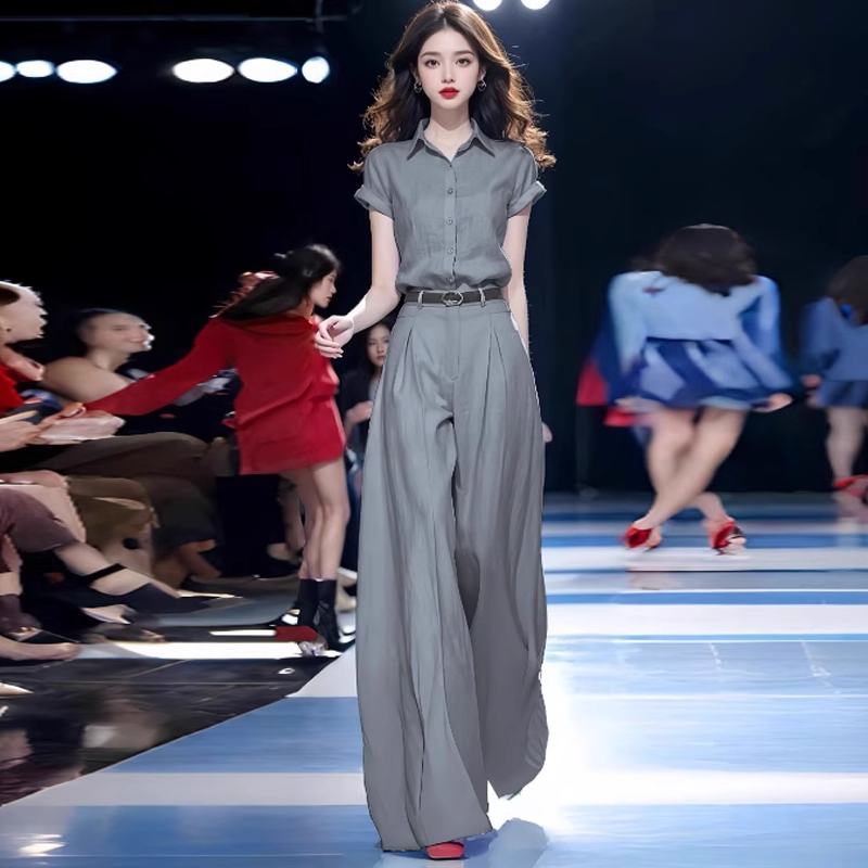 拉夏贝尔时尚气质套装2025夏季新款时髦短袖衬衫高腰阔腿裤两件套