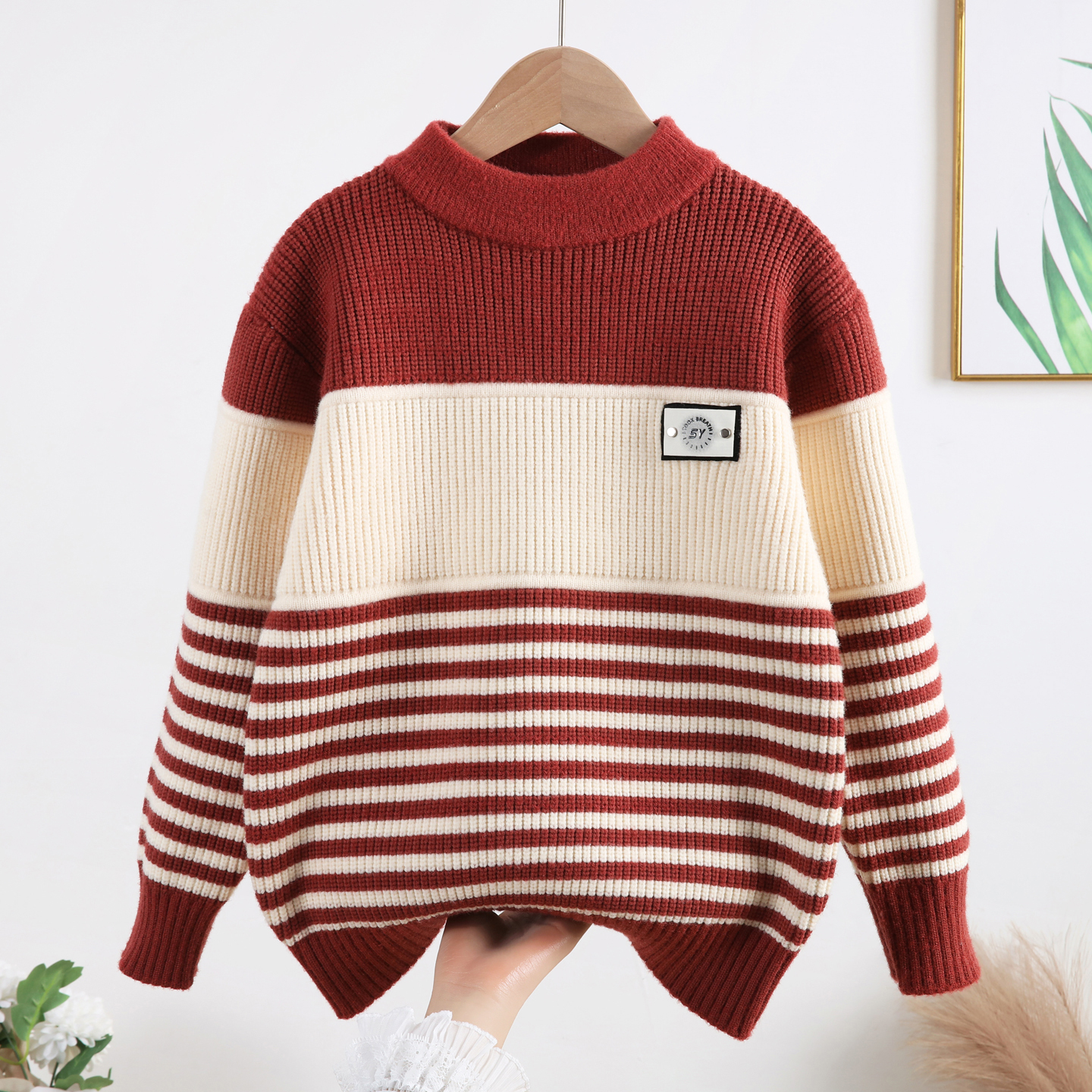 厚款条纹半高领男圆领毛衣针织衫春秋洋气童装