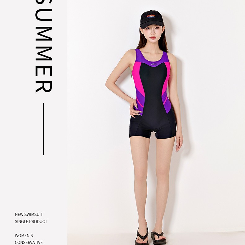 女士连体平角泳衣黑色保守遮肉竞速大码游泳衣显瘦紧身夏季无袖
