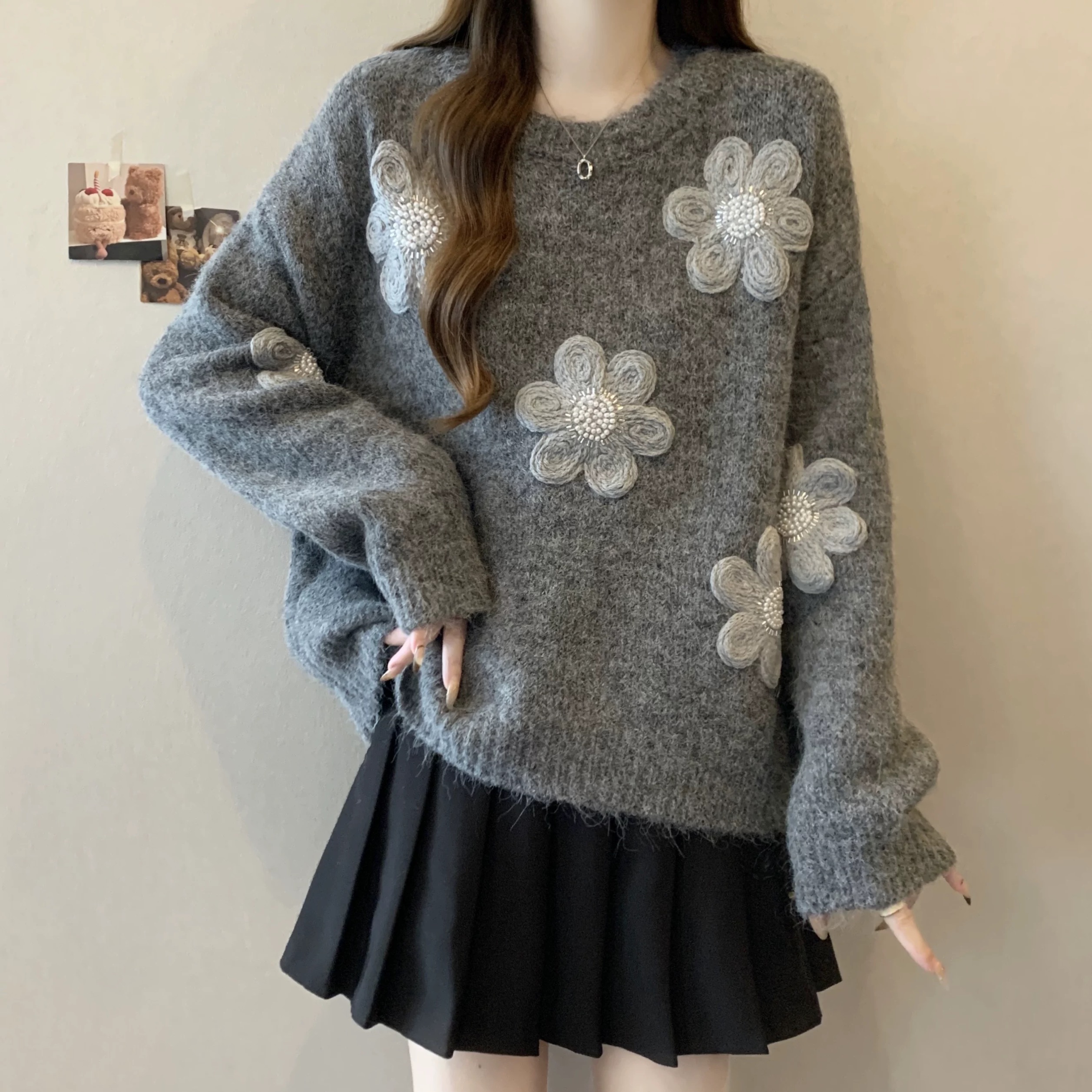 【繁花庭】大码立体花朵软糯针织毛衣女秋冬慵懒风宽松上衣D2013