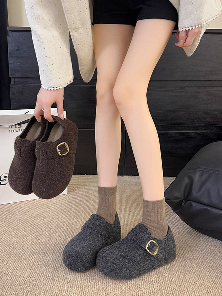 复古毛毡加绒勃肯鞋女2025秋冬新款加绒一脚蹬保暖棉鞋毛呢乐福鞋