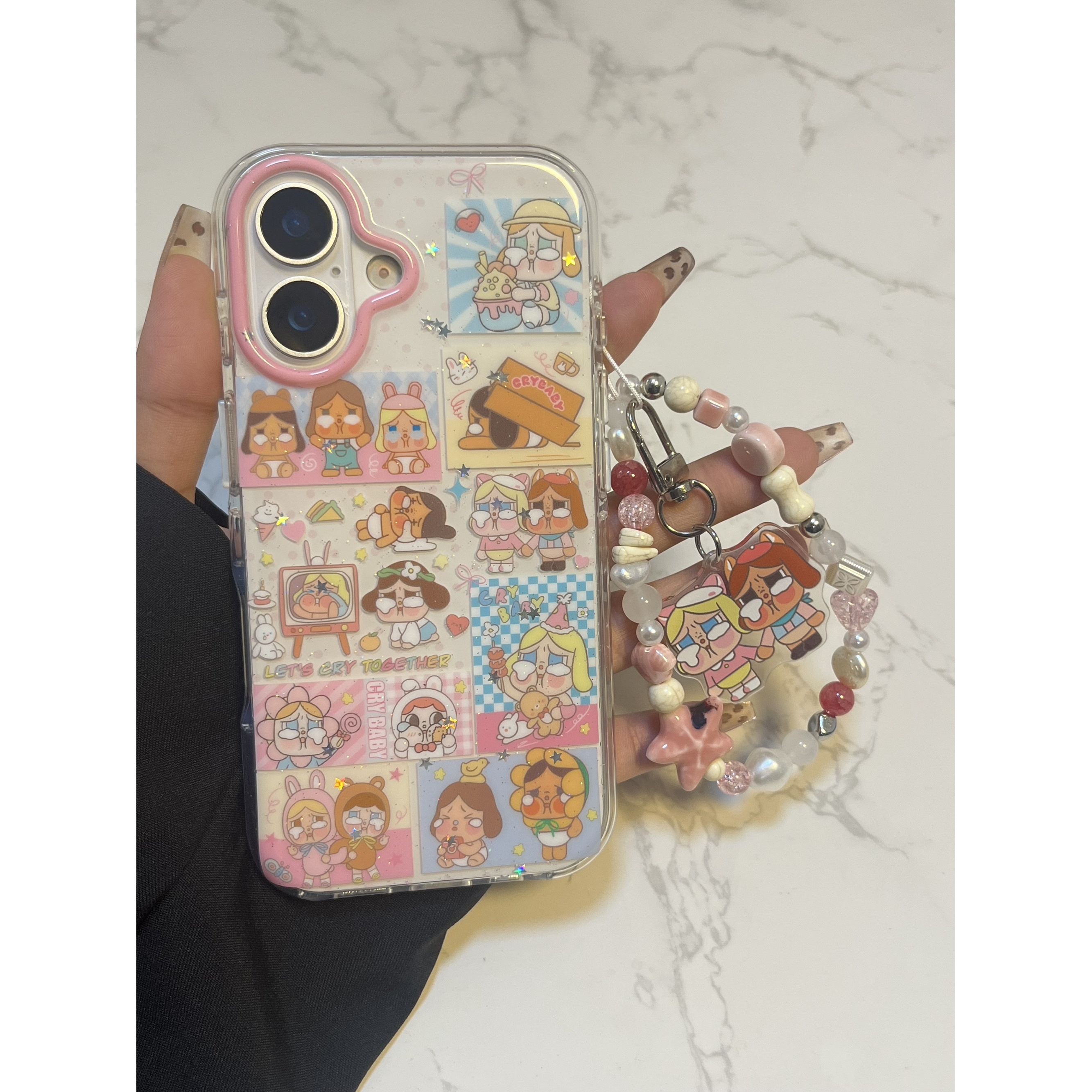 格子拼接哭娃适用于苹果16promax包相机键手机壳圆边双层15/防摔