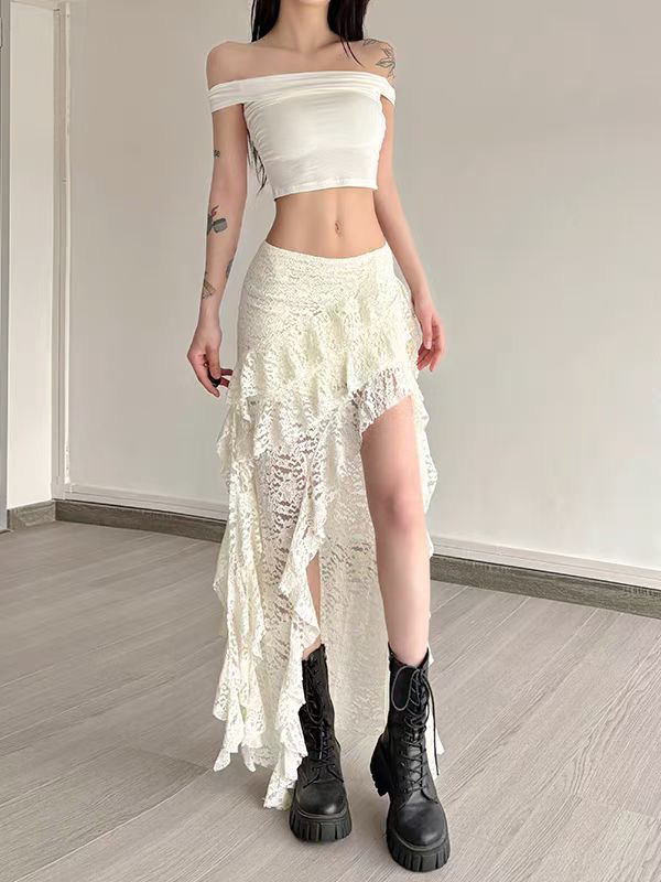 拼接不规则短裙蕾丝高腰半身裙加绒加厚款长裙不规则裙褶皱