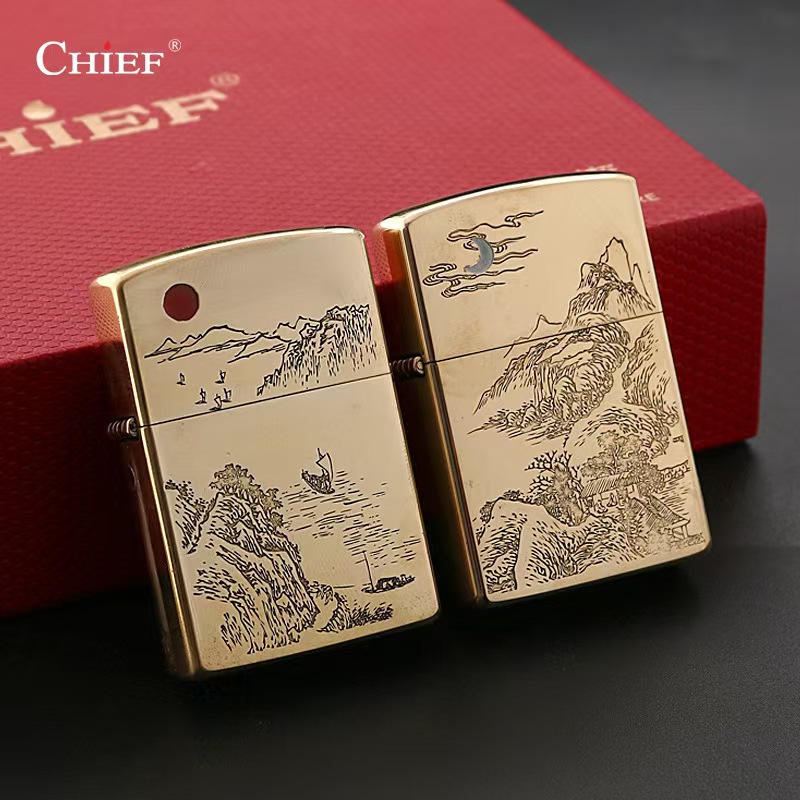 首领CHIEF日月山河精雕创意打火机男士复古个性防风雕刻刻字五面