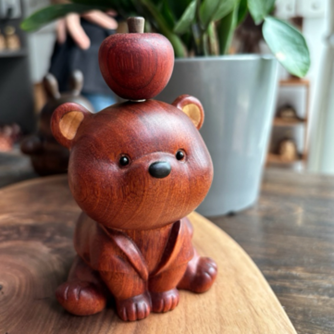 实木苹果可爱小熊装饰手工老虎创意桌面摆件工艺品送礼平安喜乐
