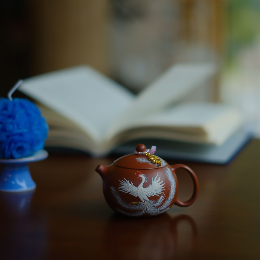 大碗茶器【凤凰来仪】原矿朱泥·西施·150cc·内推球孔手工手绘紫砂壶