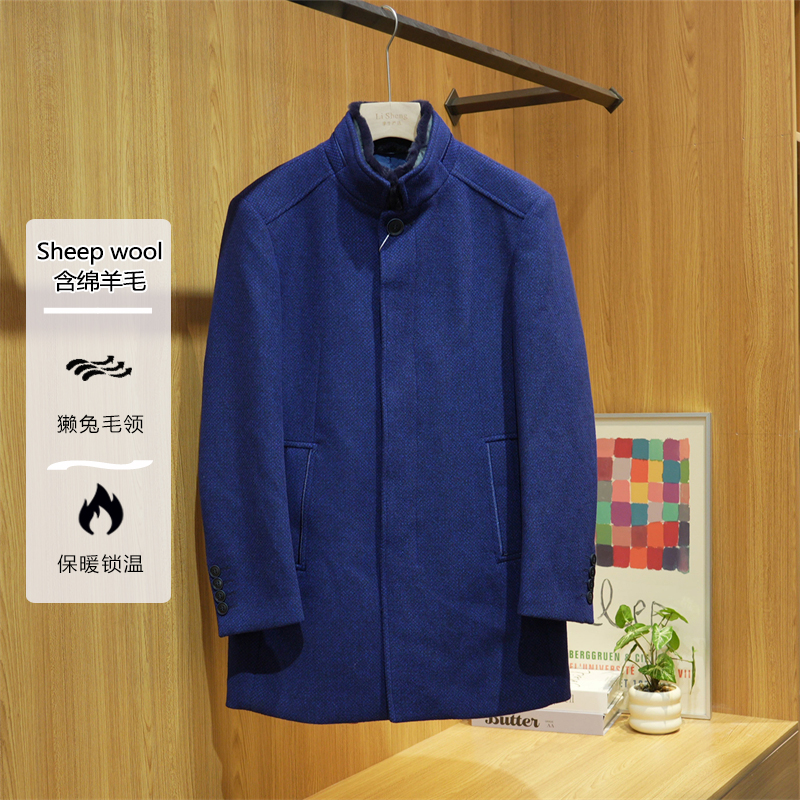 【退货补运费】秋冬剪标款男士獭兔毛领风衣外套绵羊毛呢大衣WW1437