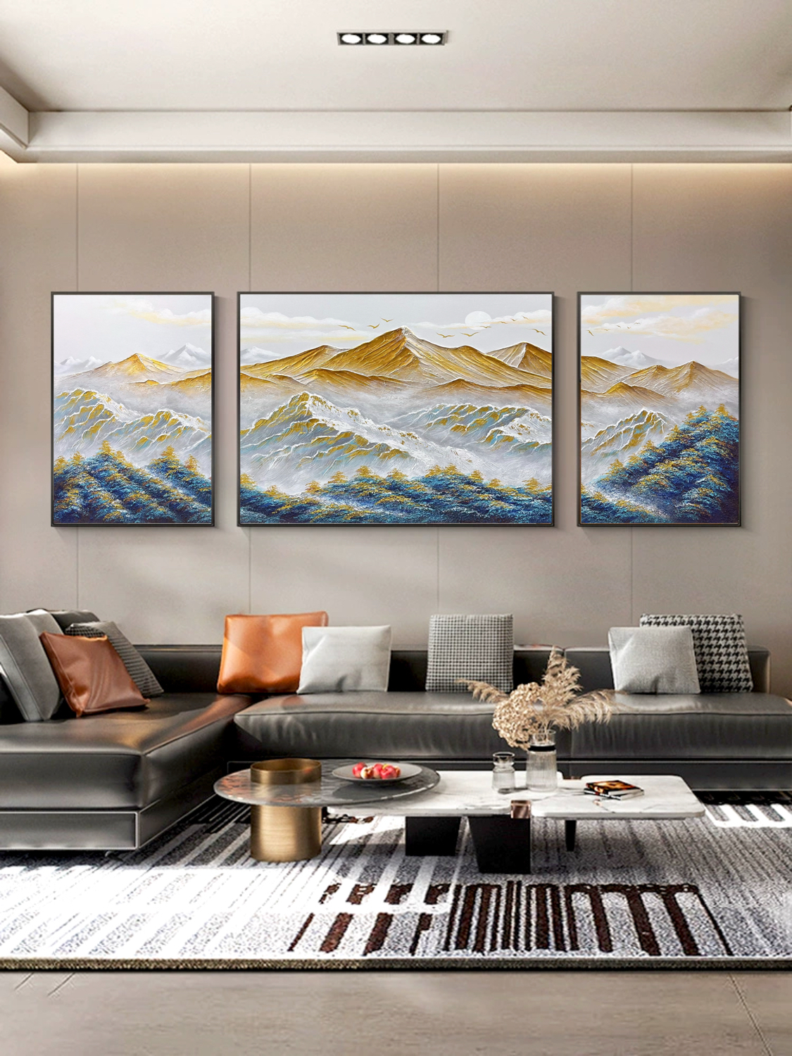 背靠金山手绘客厅装饰画油画三联画金箔肌理沙发背景墙挂画