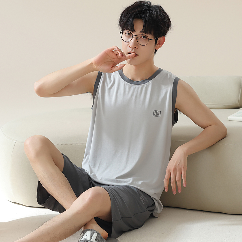 运动男无袖夏季家居服套装青少年冰丝大码睡衣宽松凉感莫代尔背心
