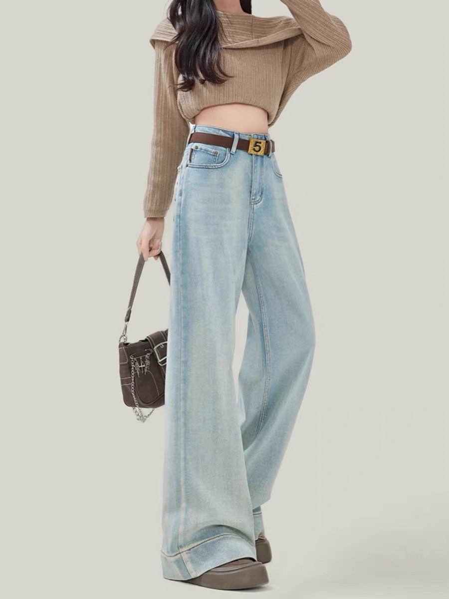 浅蓝色高腰阔腿牛仔裤女宽松显瘦拖地直筒裤春季新款