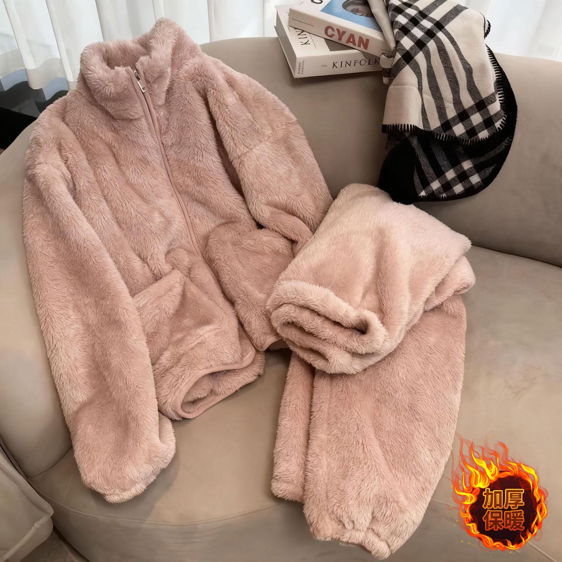 秋冬加厚舒适保暖包边立领毛绒女士睡衣套装新款居家外出两件套