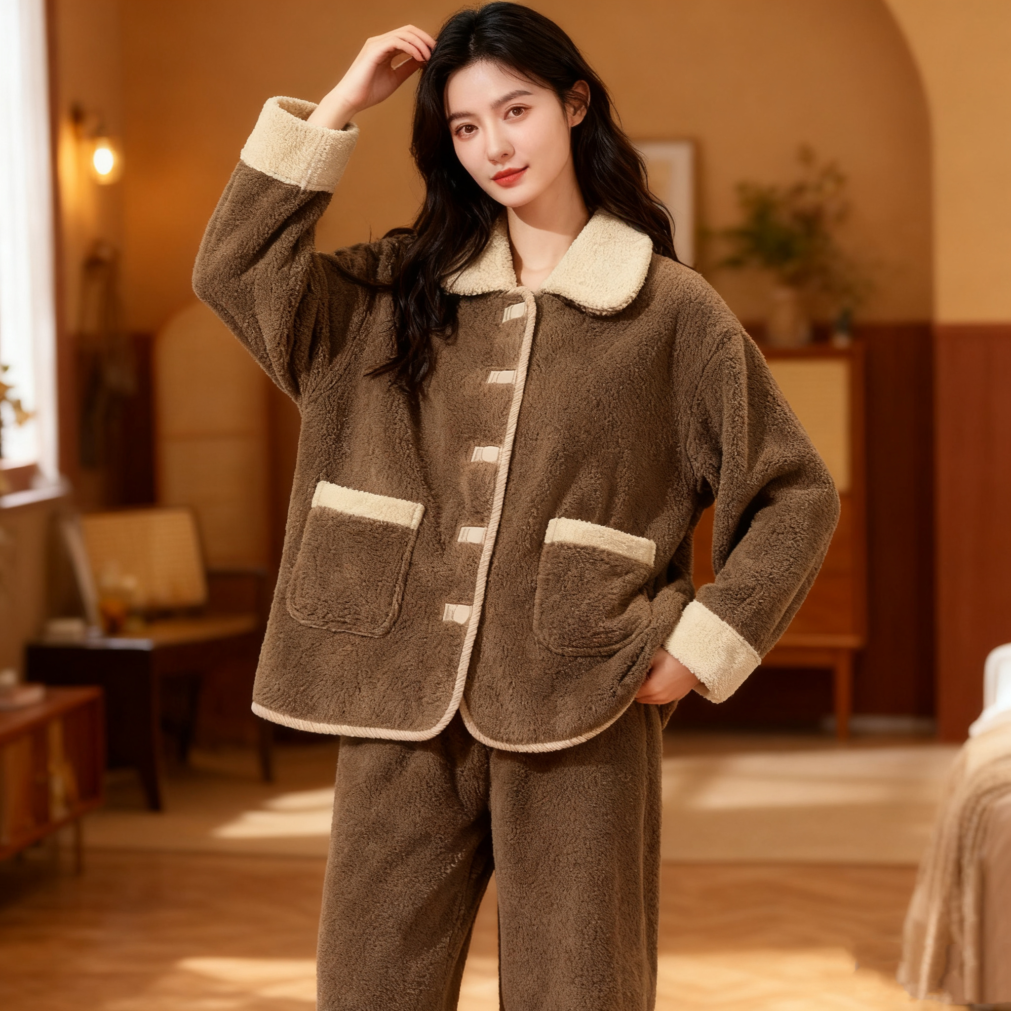 睡衣女舒棉绒冬款翻领秋冬天家居服咖啡色加绒加厚保暖套装可外穿
