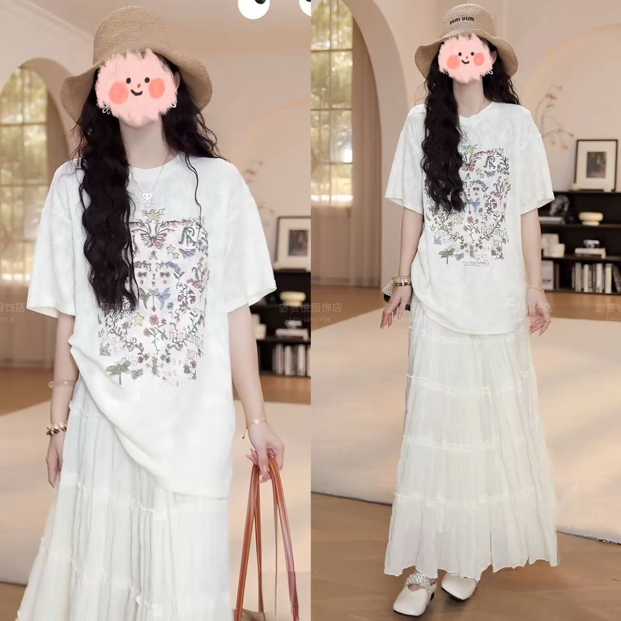 夏季韩版蕾丝提花短袖T恤上衣百搭蛋糕半身裙套装洋气衣服女