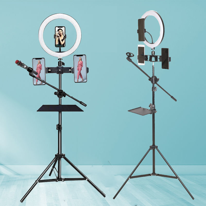 落地式美颜补光灯手机直播支架带声卡托盘麦克风横杆自拍三脚架