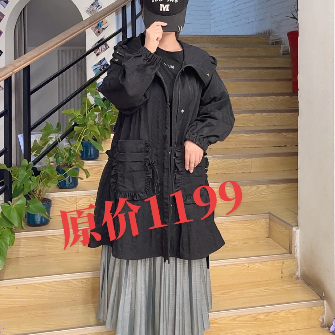 女士连帽宽松显瘦纯色风衣秋季休闲外套