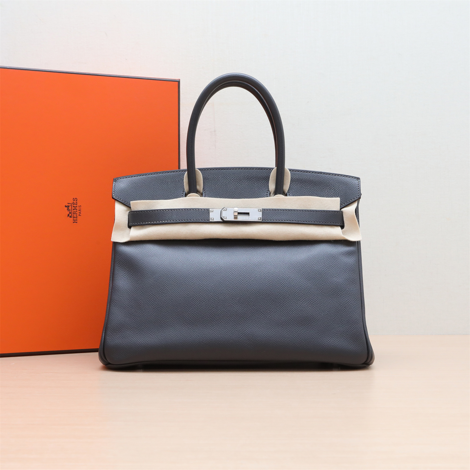 95新 Hermes/爱马仕 小花黑黑Birkin 30 石板灰 Epsom皮 框M 