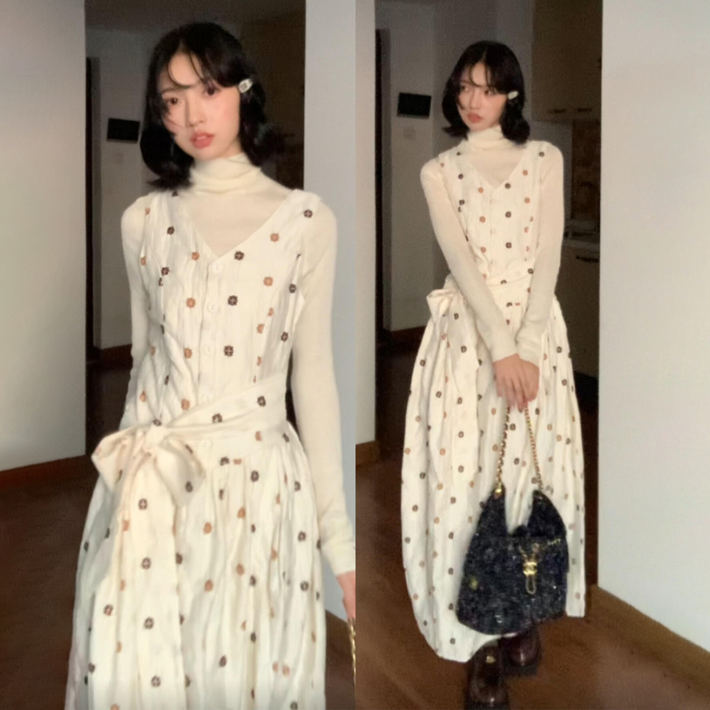 【现货+运补】白色碎花连衣裙秋冬季爆款韩系穿搭一整套装长裙8978
