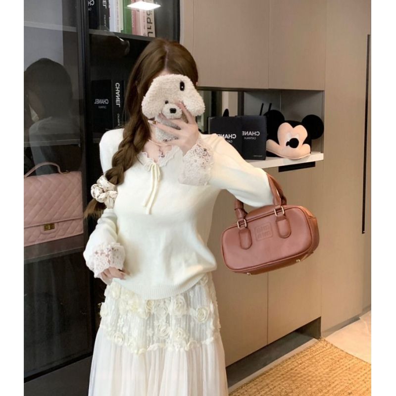 白色蝴蝶结v领蕾丝拼接针织衫上衣修身小个子内搭打底衫毛衣女冬