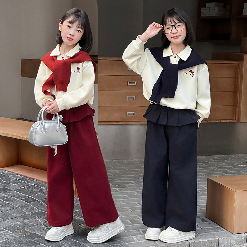 女童秋款套装2025新款儿童洋气时髦休闲裤中大童披肩卫衣三件套潮