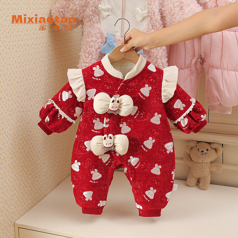 冬款红色乖乖兔夹棉满月百日宴周岁连体衣哈衣宝宝婴儿衣服爬服