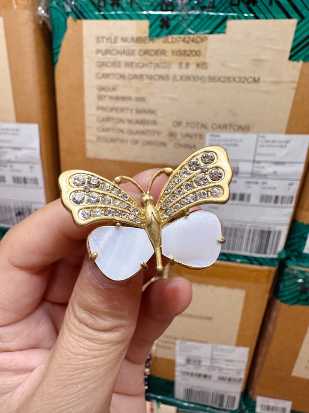 铜合金贝壳戒指 欧美复古哑光金色贝壳宝石蝴蝶戒指中古优雅指环