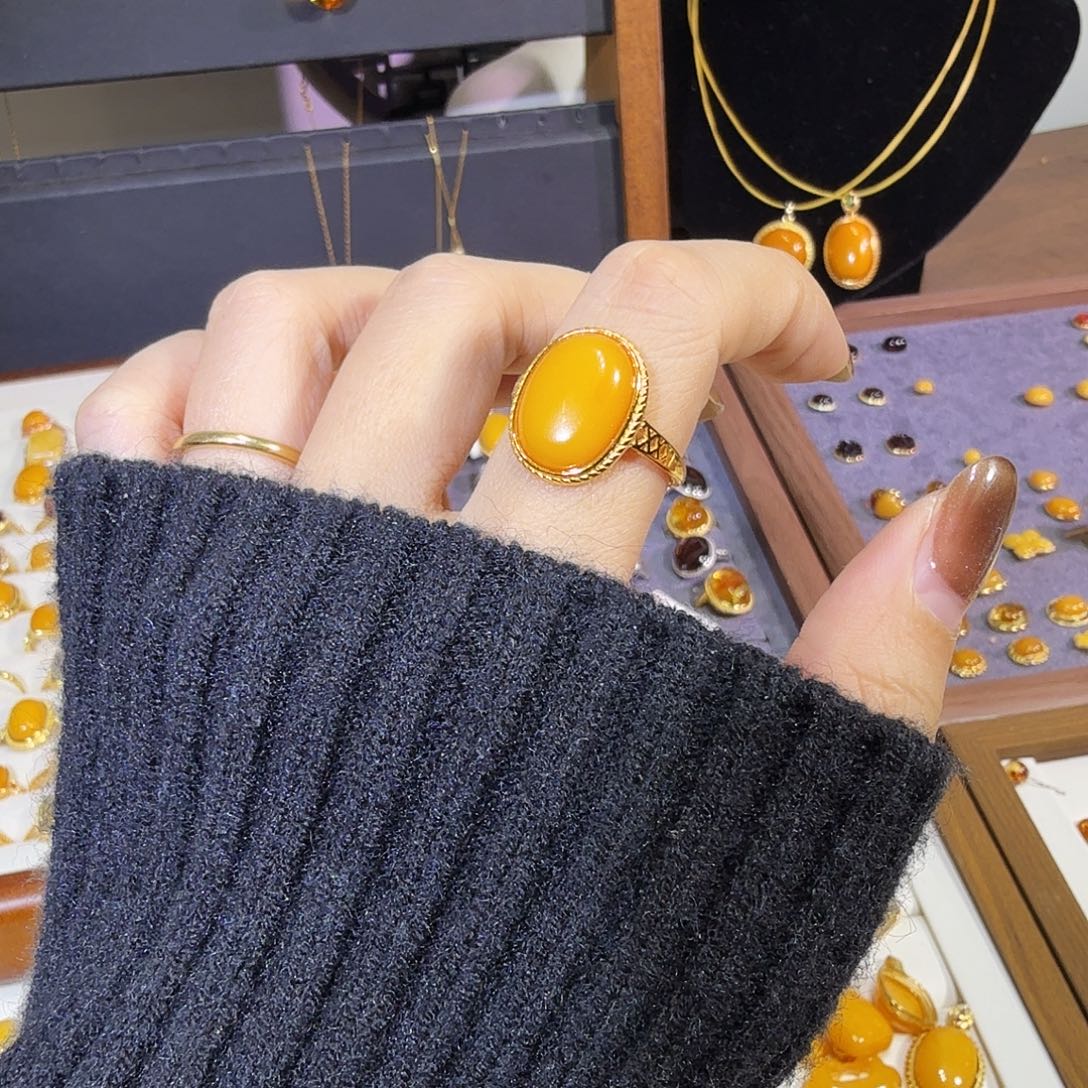 蜜蜡银S925镀金镶嵌戒指