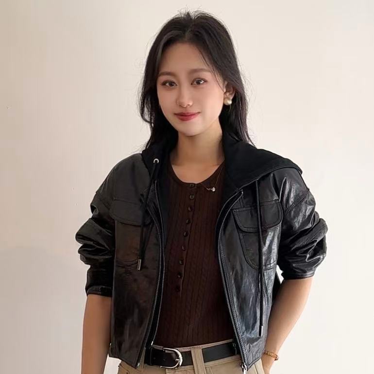 【多多推荐】连帽时尚春季短款皮衣女-DUODUOE-06
