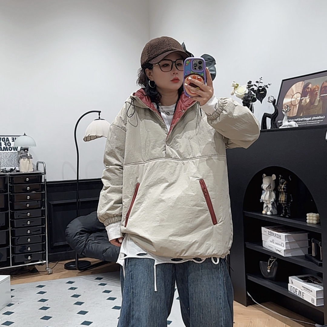 哆唛85513款连帽长袖半拉链冬季拼色宽松欧韩时尚潮流休闲棉服