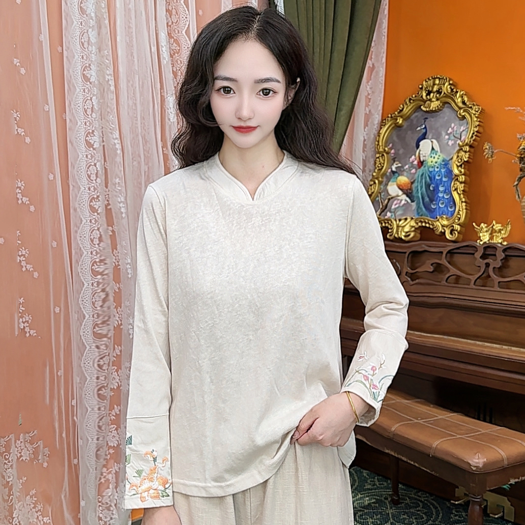 复古风纯色长袖休闲风绣花女士立领禅意宽松中国风T恤打底衫秋季