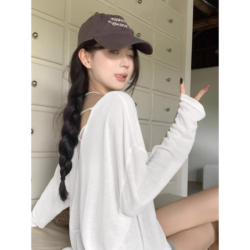 美背薄纱长袖防晒罩衫t恤女2025新款夏季慵懒薄款宽松中长款上衣