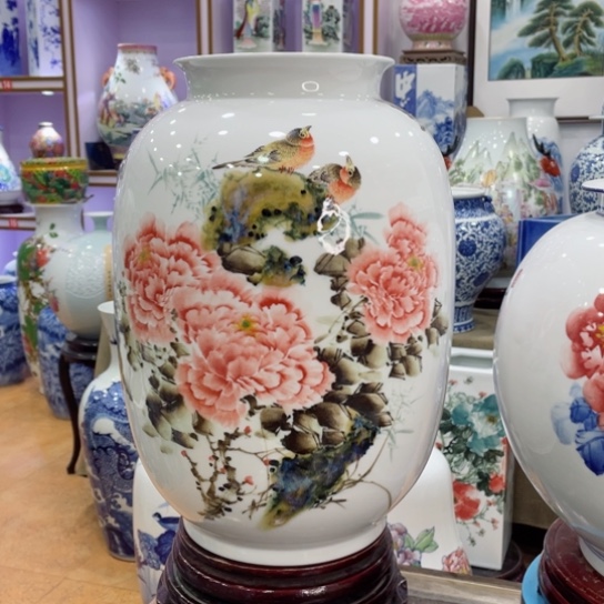 花瓶全手工釉下花鸟冬瓜瓶高46公分