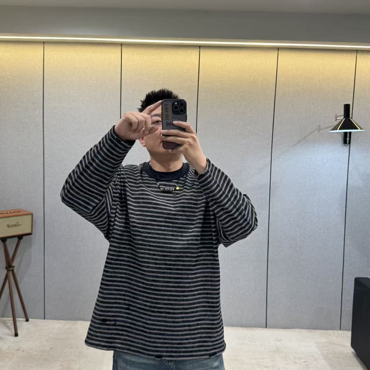 长袖洗水破洞青年免烫处理380克条纹T恤秋冬秋季潮流黑色宽松2559