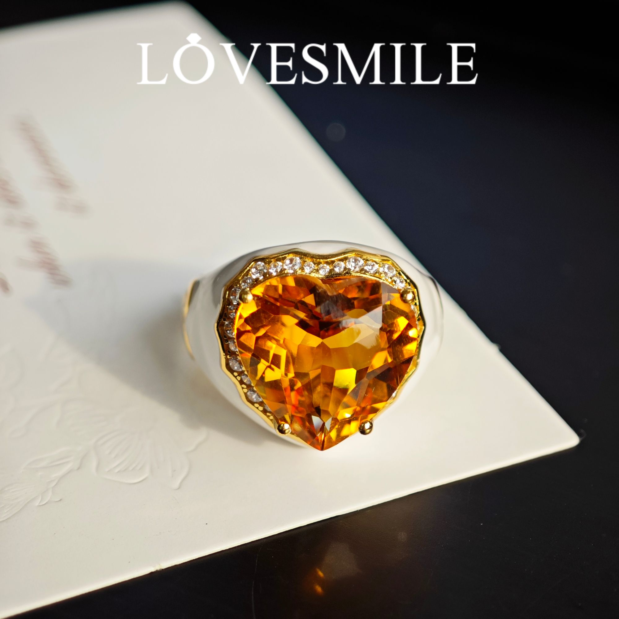 S925银黄晶戒指心形轻奢白色珐琅彩