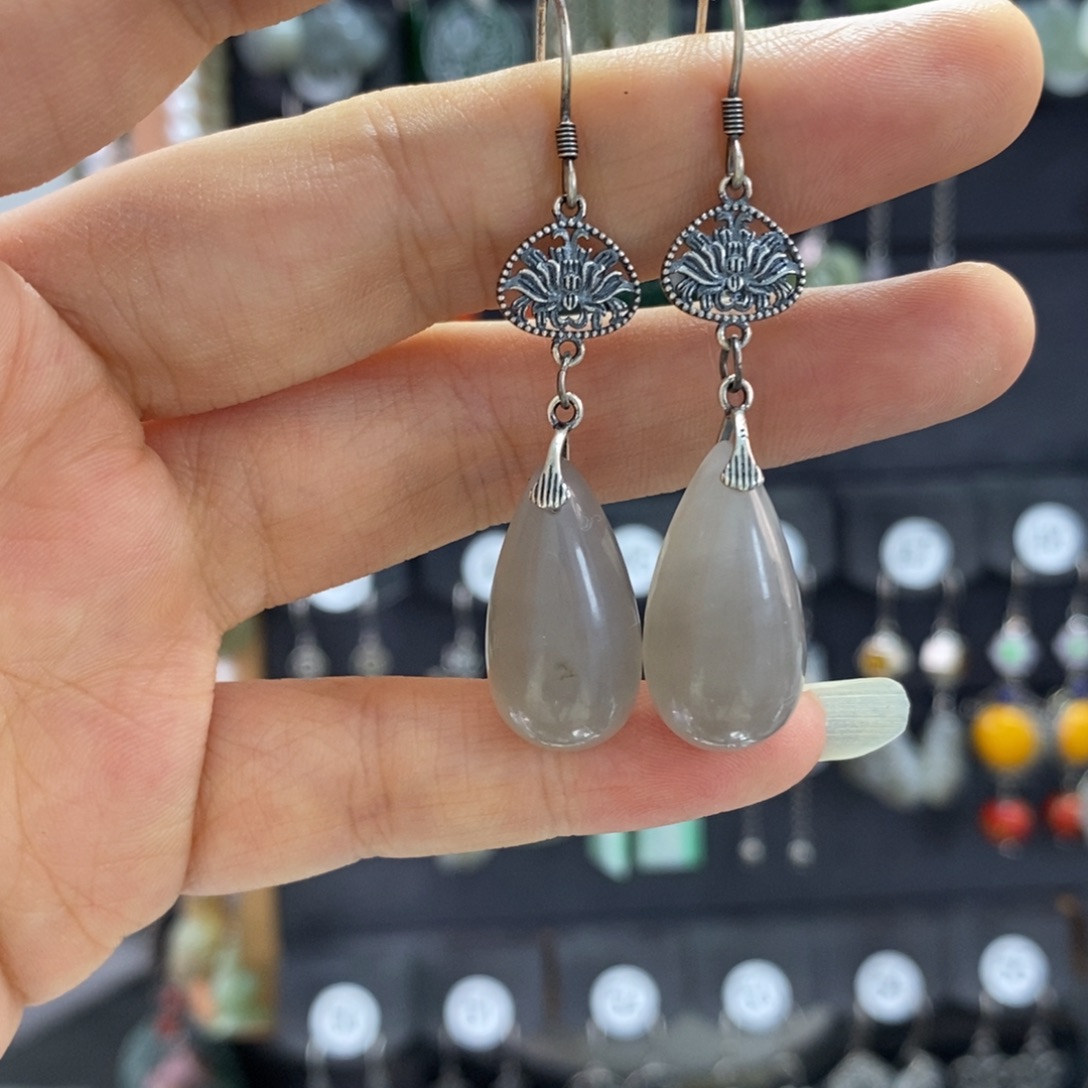 和田玉银S925镶嵌耳饰