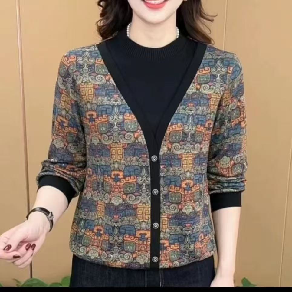 032#轻职风女宽松型长袖常规抗皱T恤春秋宽松提花秋冬假两件