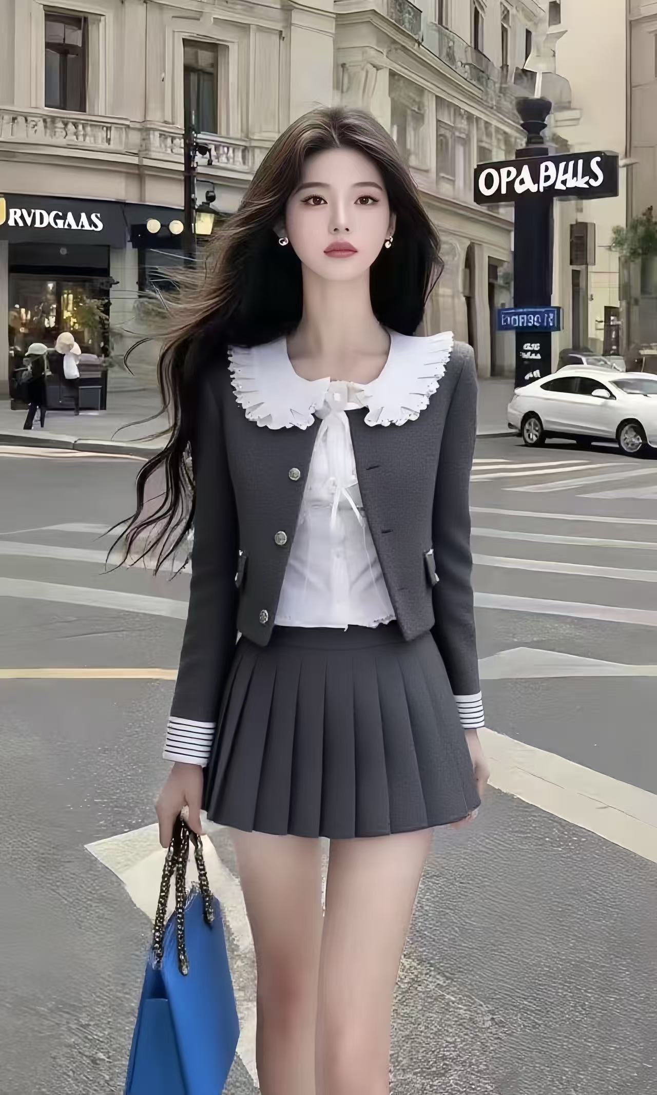 休闲风小众气质显瘦穿搭长袖短款外套百搭内搭半身裙深灰色三件套