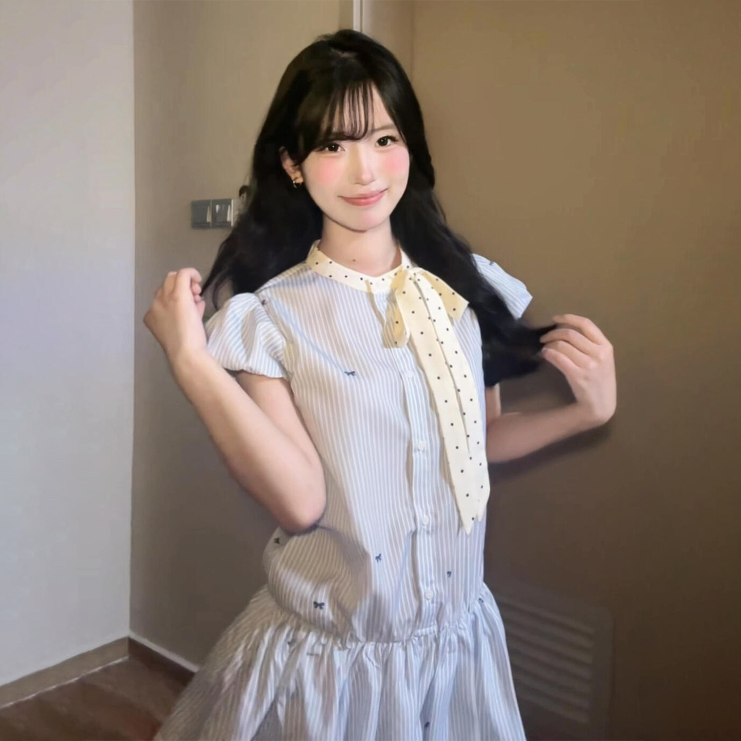 韩系学院风条纹衬衫连衣裙子女2025年新款夏季小个子收腰气质短裙