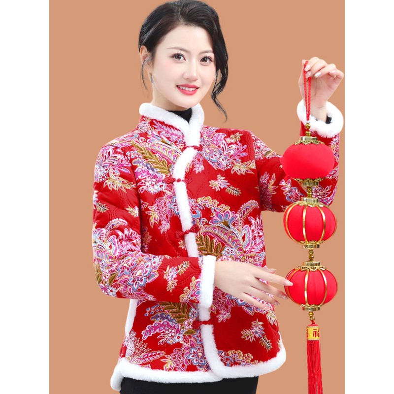妈妈民族风东北大花棉袄中老年女加绒复古盘扣棉服短款唐装小棉衣