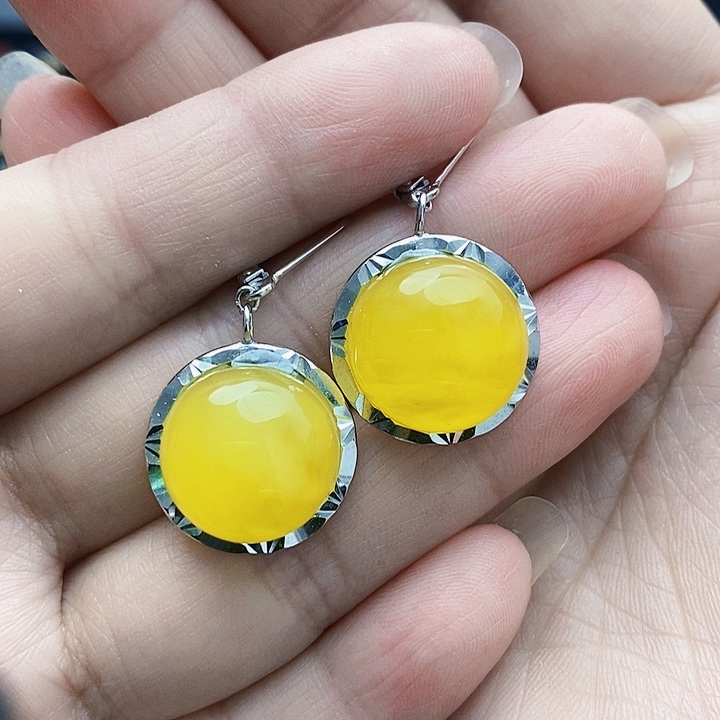 琥珀裸石银S925镶嵌耳坠