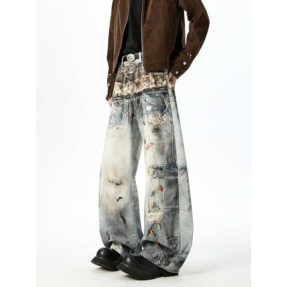 York Zoom秋冬印花泼墨美式牛仔裤宽松高街复古扎染百搭直筒潮流