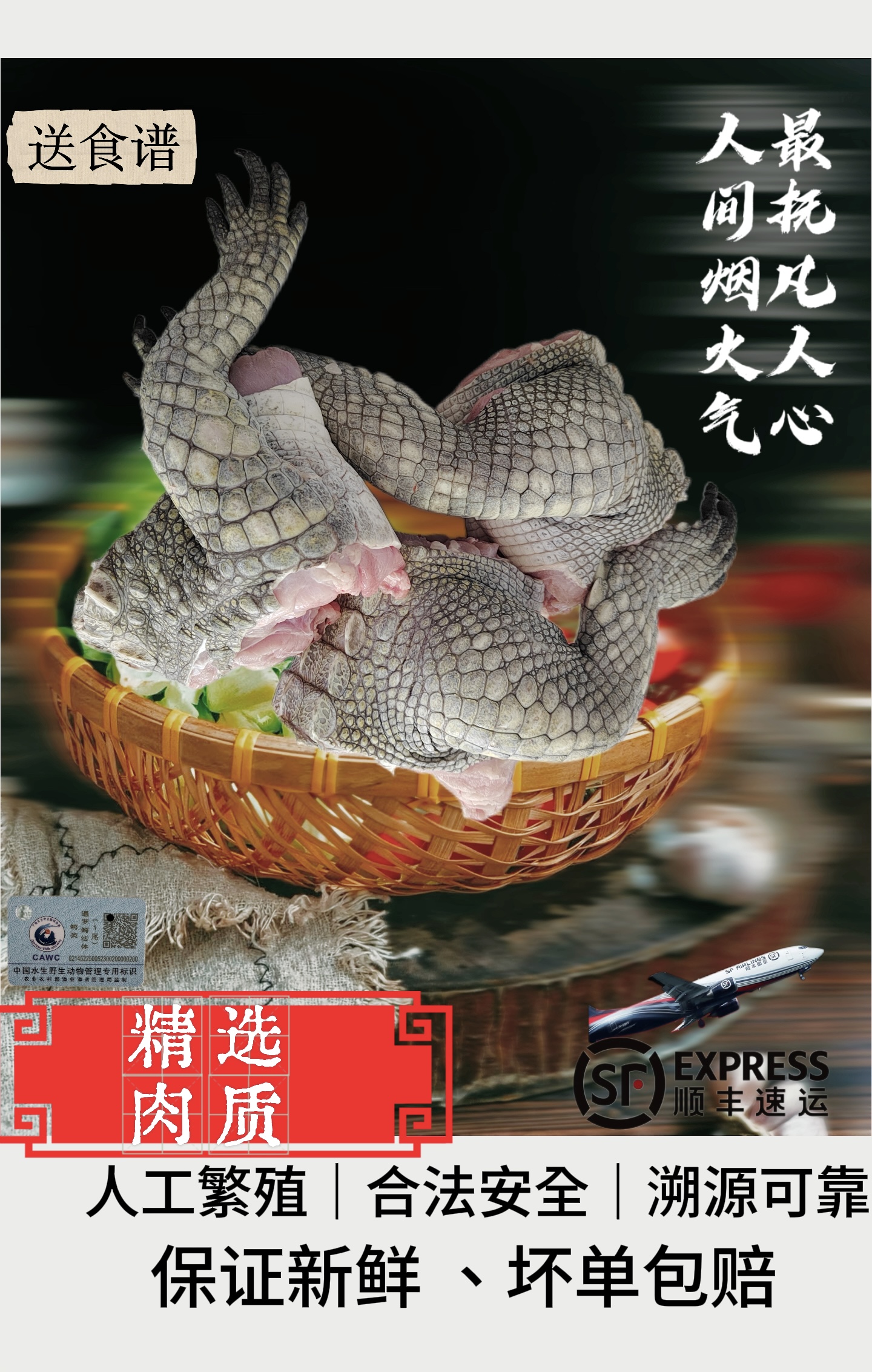 新鲜现杀带皮人工养殖鳄鱼腿肉可用于黄焖香辣红烧