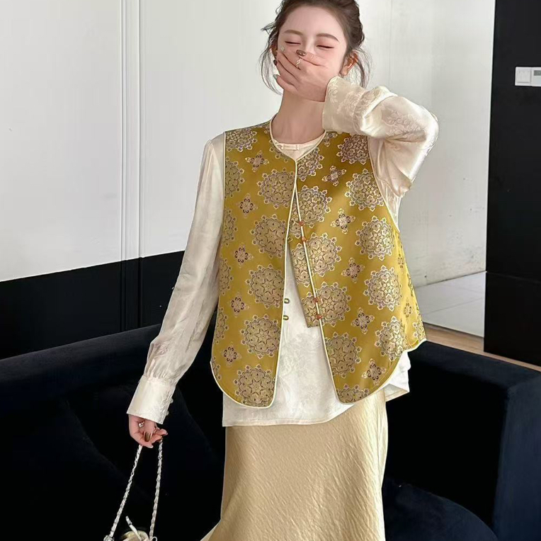 新中式国风提花马甲女复古宝相花