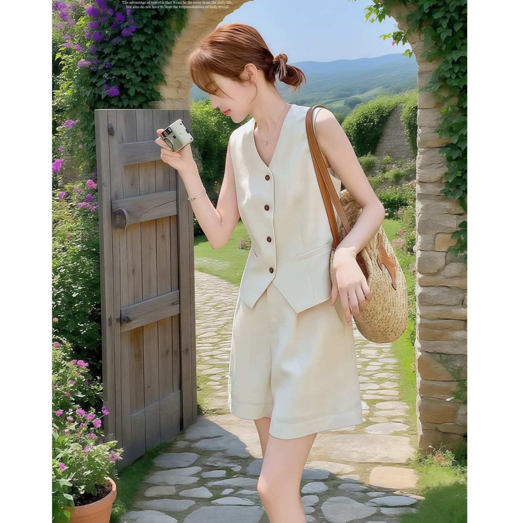 高级感老钱风亚麻马甲短裤两件套装女2025夏季大方得体穿搭一整套