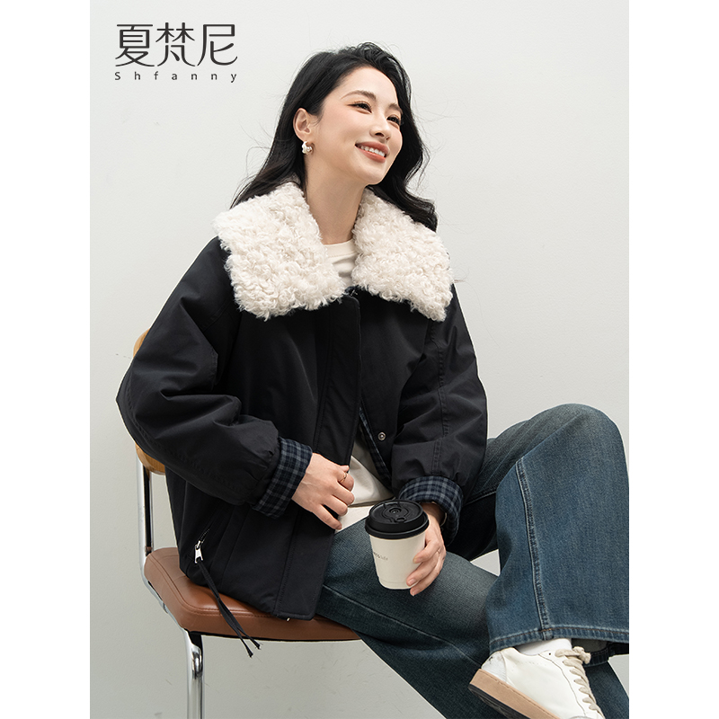 夏梵尼韩系暖意2025年冬季新款韩版翻领拼格毛毛工装外套