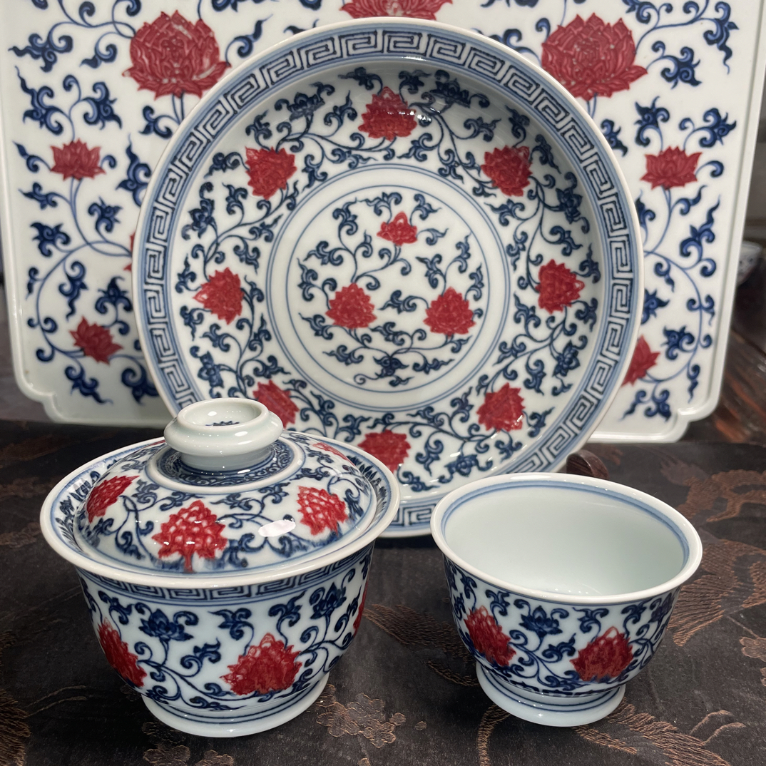 釉里红缠枝莲花心壶承盖碗杯子三件套茶具家用陶瓷青花瓷