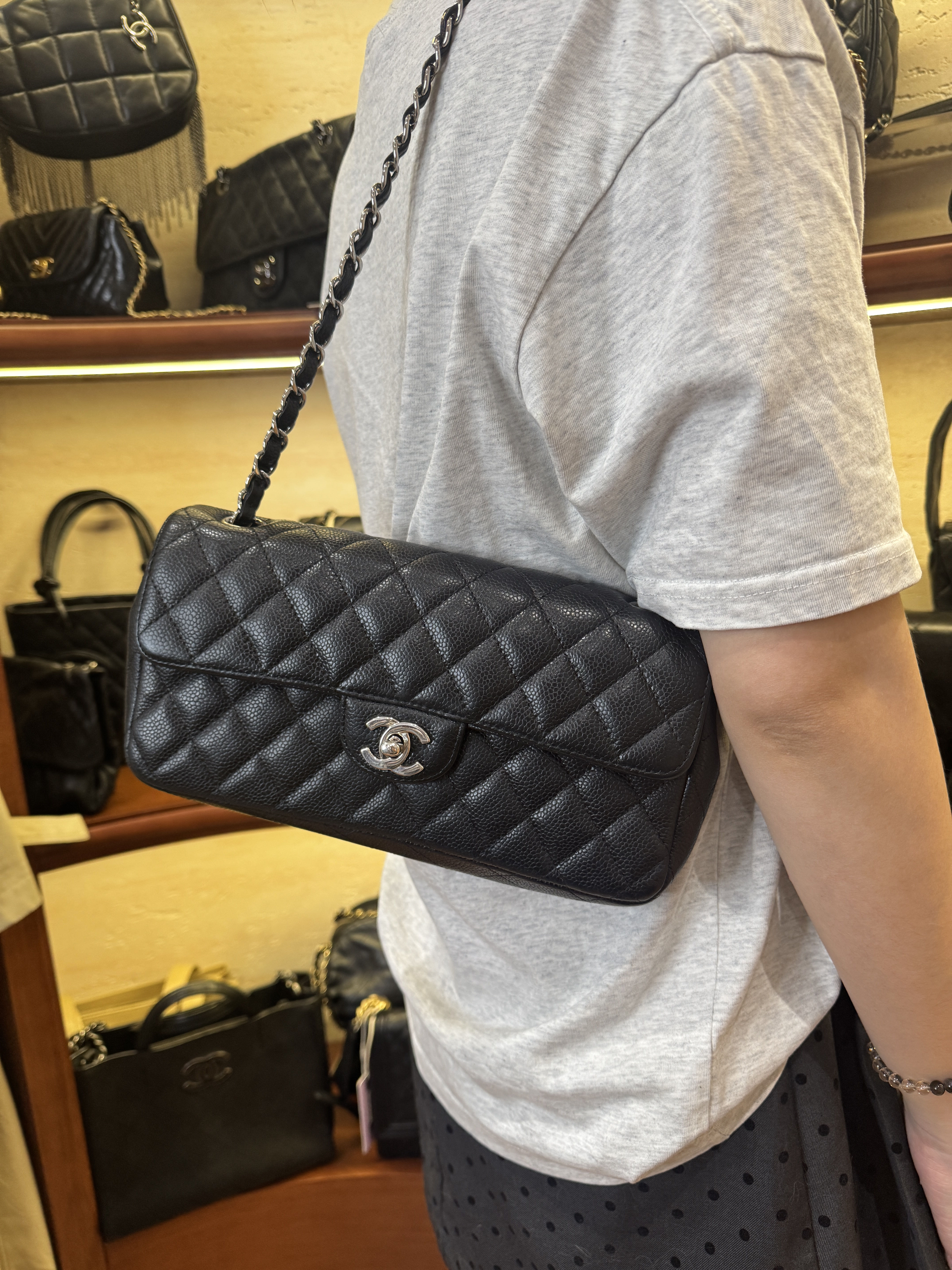 95新 Chanel/香奈儿 5965Chanel黑银荔枝牛法棍单肩包链条包黑色