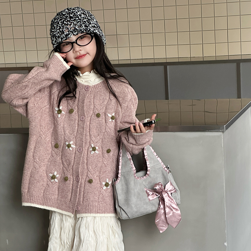 女童毛衣外套秋装2025新款儿童女大童慵懒甜美韩系秋季长袖开衫粉