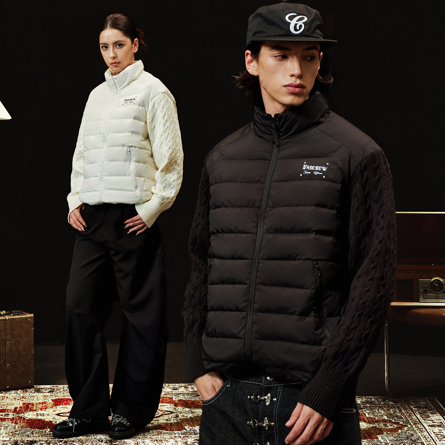 YADcrew毛织拼接轻薄连帽羽绒服男女同款秋冬保暖百搭外套